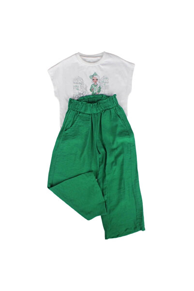bebegen Girl's Green Pants and White T-Shirt Printed 2-Piece Set
