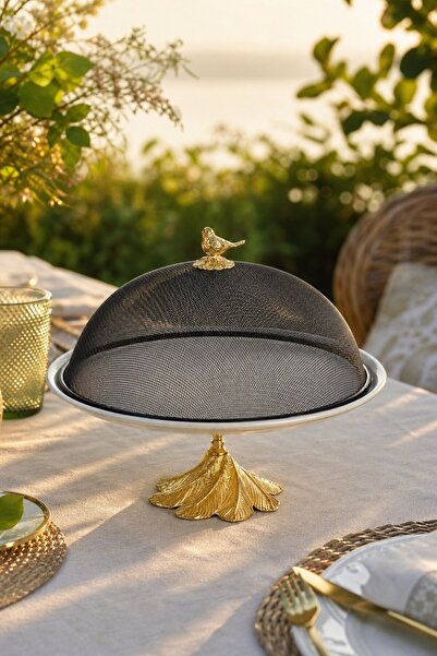 MAY HOME Porselen Metal Kapaklı Fanus & Ayaklı Sunum Tabağı (32 Cm)