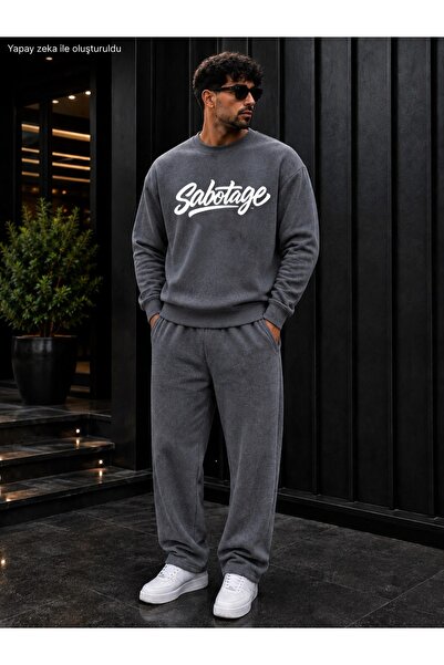 caddekombin Men's Sabotage Typography Printed Crew Neck Regular Fit Men's Tra...