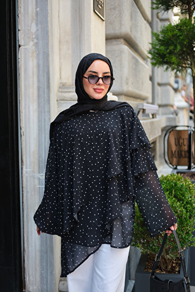 LOCCO Women's Small Polka Dot Cape Detail Layered Tunic Black