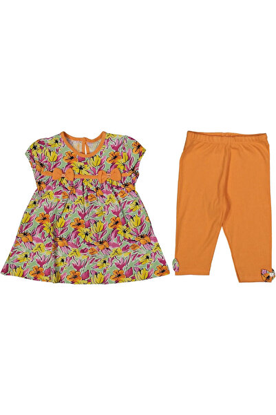 bebegen Baby Girl Orange Floral Patterned Tights 2-Piece Set