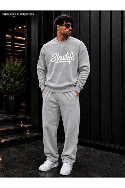 caddekombin Ανδρικό σετ φόρμας με στάμπα Slowlife Slogan, με λαιμόκοψη και κα...