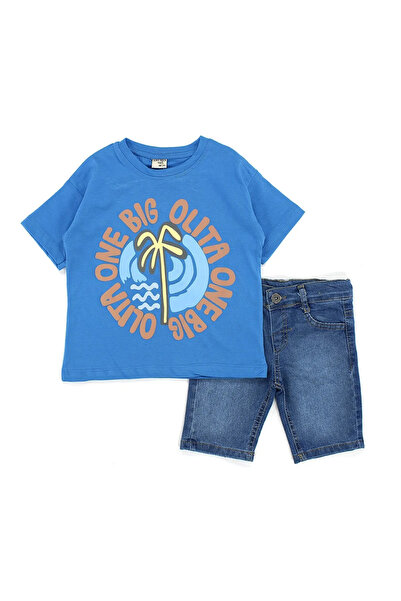 bebegen Boy's Blue Palm Tree Printed Denim Shorts 2-Piece Set
