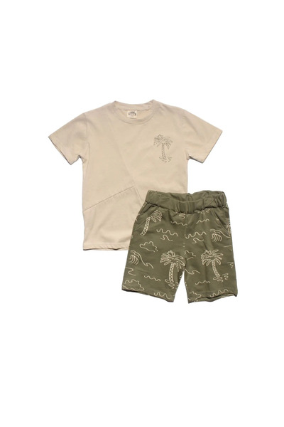 bebegen Boy's Beige Palm Tree Printed Khaki Shorts 2-Piece Set