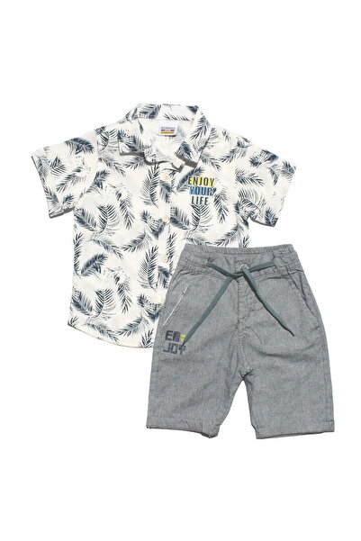 bebegen Boy's 2-Piece Set: White Shirt with Leaf Print and Gray Shorts