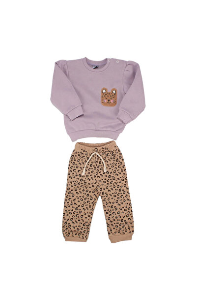 bebegen Baby Girl Lilac Brown Cat Embroidered Leopard Print 3 String Set of 2