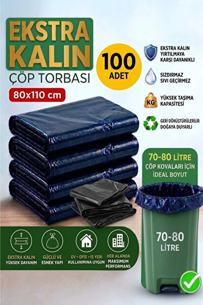 80x110 Ekstra Kalın Siyah Çöp Torbası 100 Adet - Ev, Ofis ve İş Yeri Uyumlu Sızdırmaz