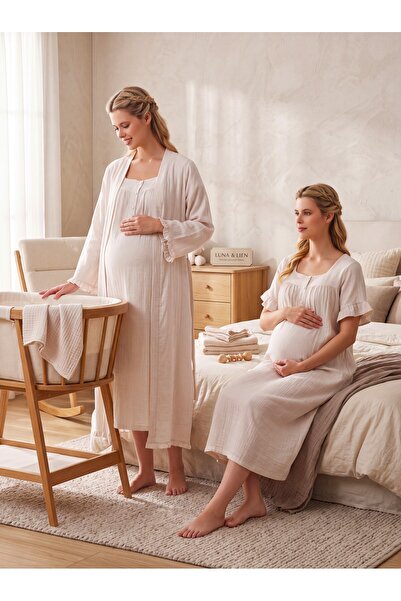 Lohussa New Season Light Beige Muslin Fabric Buttoned Breastfeeding Compatibl...