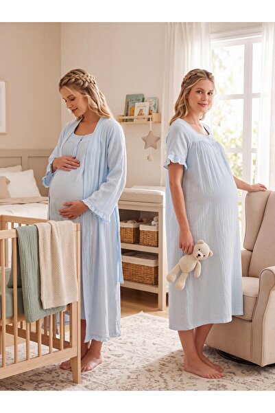 Lohussa New Season Blue Muslin Fabric Buttoned Breastfeeding Compatible Desig...