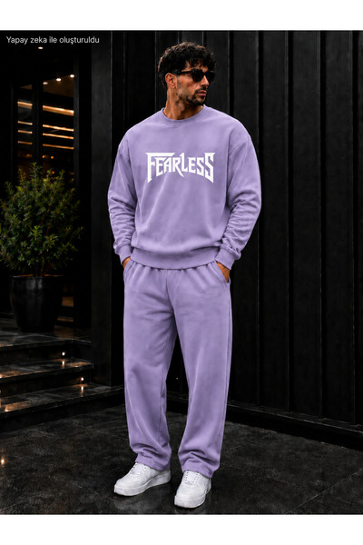 caddekombin Men's Fearless Slogan Printed Crew Neck Regular Fit Men's Tracksu...
