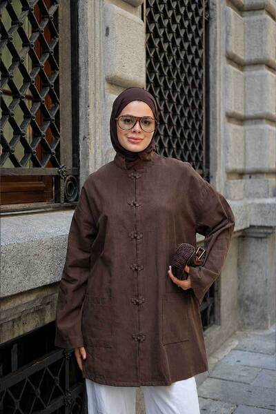 LOCCO كارديجان نسائي بجيبين وأزرار على شكل فراشة باللون البني