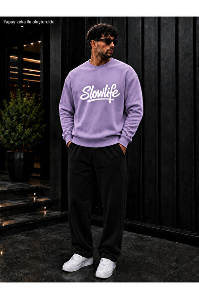caddekombin Men's Slowlife Slogan Printed Crew Neck Regular Fit Men's Tracksu...