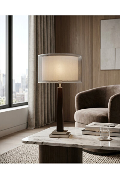 PLUS13 Modern Table Lamp with Wood Base and Cylindrical Shade