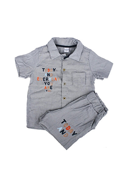 bebegen Boy's Gray Today Printed Buttoned Muslin Shorts 2-Piece Set