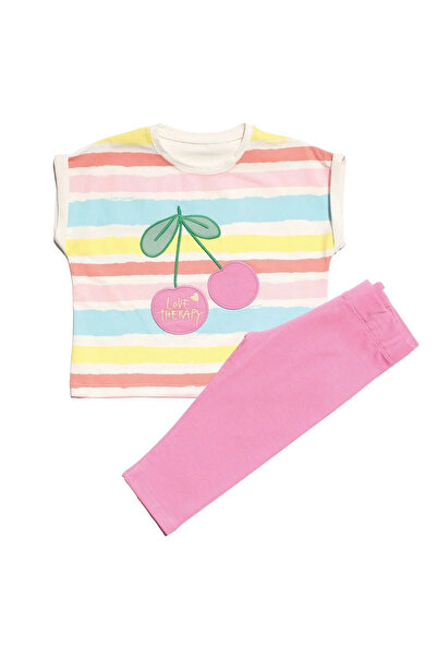 bebegen Girl's Pink Colored Striped Cherry Embroidered Tights 2-Piece Set