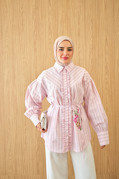 LOCCO Women's Floral Bead Embroidered Striped Shirt Pink