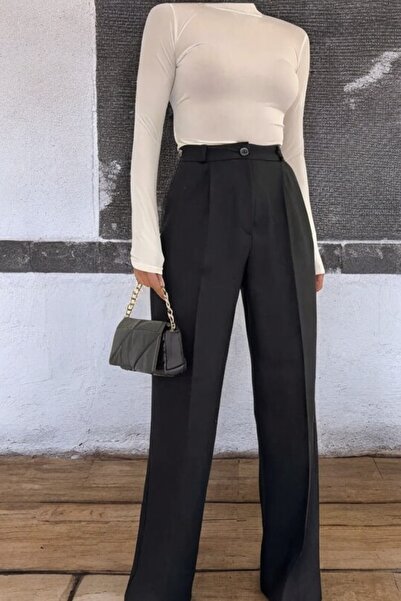 byhaziran butik Women's Black Pleated High Waist Fabric Pants