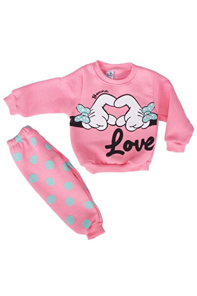 bebegen Girl's Pink Love Hand Printed Polka Dot Fleece 2 Piece Set