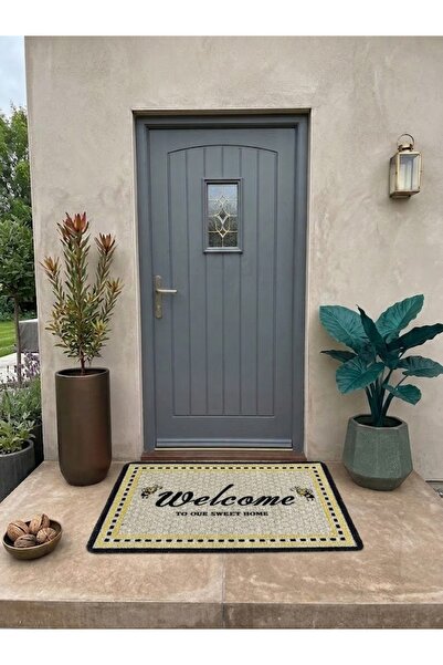 tiritoğluhome 40x60 cm Sarı Renkli Arı Desenli Welcome Kaymaz Kıvırcık Paspas