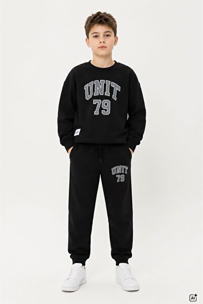 CansınMini Black Boy's Crew Neck Printed 2-Piece Tracksuit Set 24693