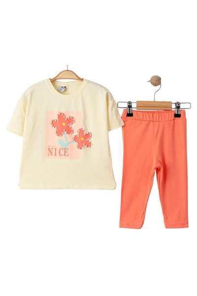 bebegen Girl's Beige Floral Pearl T-Shirt and Pink Leggings 2-Piece Set