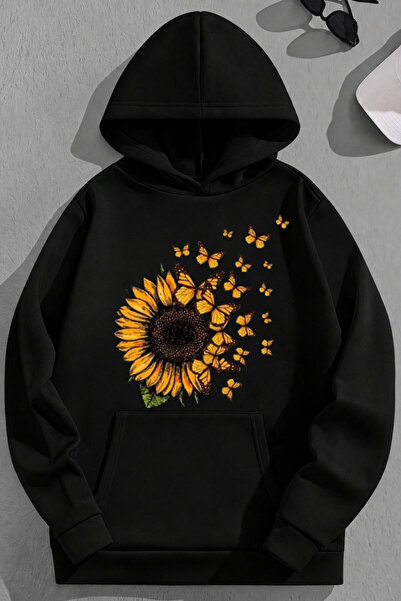 K KOZZ STYLE Unisex 3 Thread Cotton Black Sunflower Print Loose Fit Sweatshir...