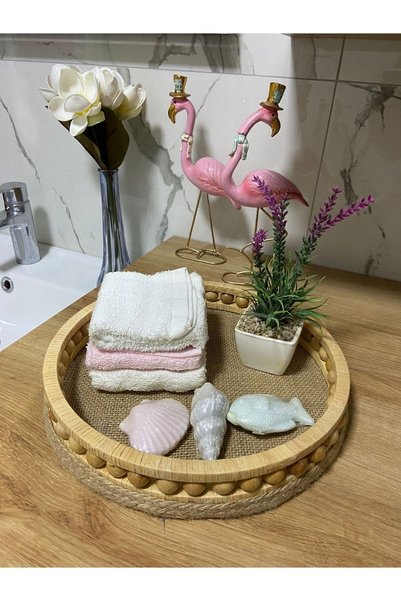 Genel Markalar Ahşap Boncuklu Hasır Banyo Düzenleyici Sepet Çap 27 Cm