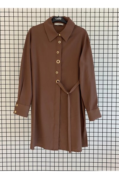 Armine Trendy Viscose Fabric Bird Eye and Belt Detailed Hidden Buttoned Loose Fit Tunic
