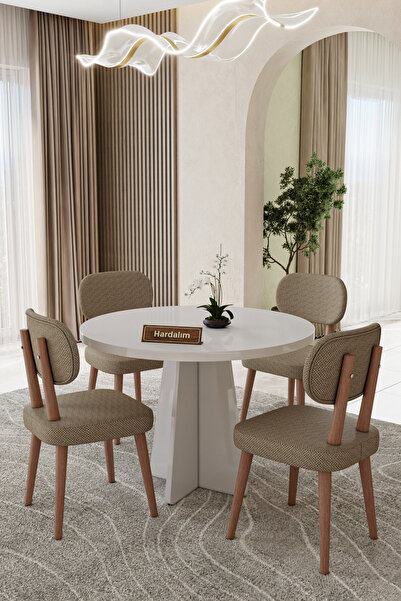 UZMHOME Yuvarlak 90 x 90 4 Sandalyeli Mutfak Masa Takımı Yemek Masası Salon T...
