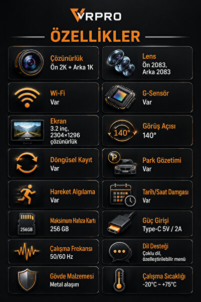İMVULA Araç Ön-Arka Kayıt Kamerası 2K UHD Wifi 24 Saat Döngüsel Kayıt LUMRA