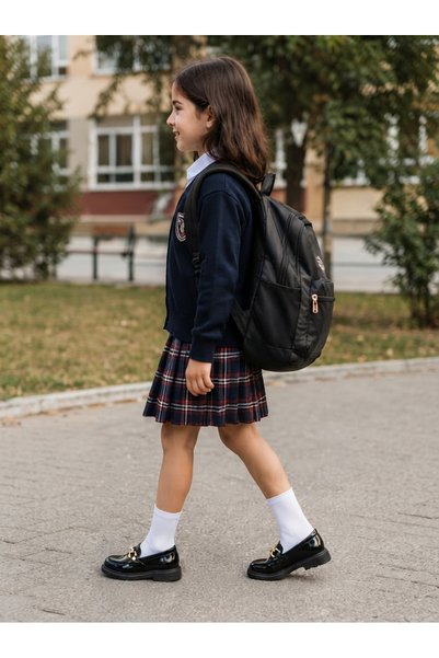 foopi Stella Black Patent Leather Children's School Shoes with Gold Chain - Loafer 31-36