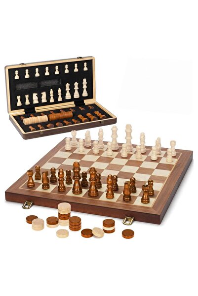 Qadro 2 in 1 Magnetic Wooden Chess and Checkers Board Game Set, 15" Folding C...