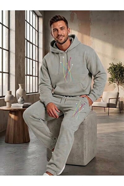 WOODROFFE Men's Jet Airplane Printed Oversize Hooded Tracksuit Set Loose Fit