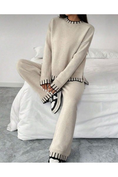 BertoNelly Stripe Detailed Women's Knitwear Set Crew Neck Sweater and Pants