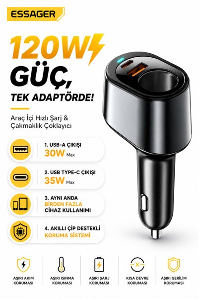 essager 120W Araç Şarj Cihazı Çakmaklık Çoğaltıcı Type-C USB PD Hızlı Şarj 12...