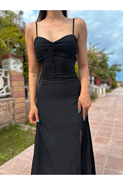 NEW JOURNAL Women's Black Button Detailed Draped Breasted Midi Dress Yel2942