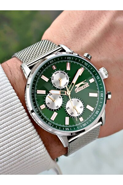 Slazenger Functional 5 Atm Domed Glass Silver-Green Complete Steel Mesh Band ...