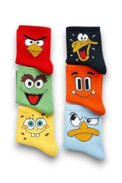 Socks Stores 12 Çift Unisex Kolej Çorap Renkli Karakterli ve Desenli Hediye Kutulu Çorap Seti