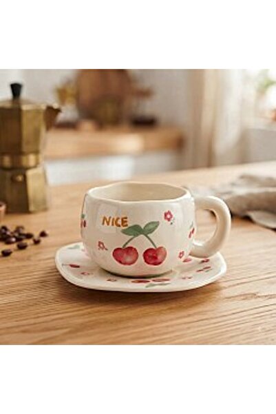 PALTO TASARIM Cherry Design Cream Turkish Coffee Cup - Gift Ceramic Turkish C...