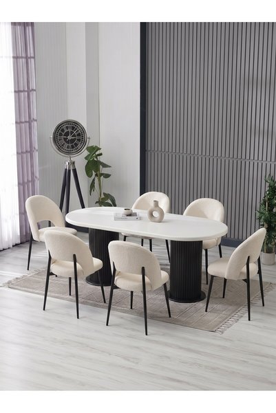 JoyMassa MERİ 90X180 BOHEM MASA - 6 ADET AY SANDALYE / KALVE KUMAŞ- MDF MASA