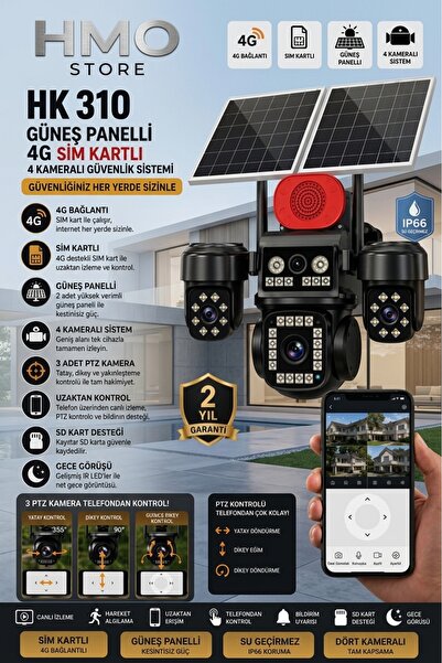 HMO Store 4G SIM Kartlı 4 Kameralı Güneş Panelli Güvenlik Kamerası - Gelişmiş...