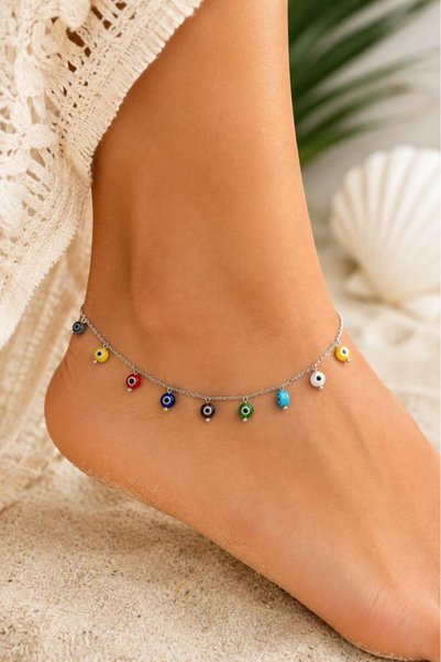 Hd Marketim Glass Evil Eye Beaded Steel Anklet Colorful Beaded Women's Elegant Anklet