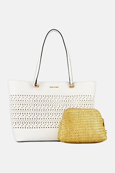 Anne Klein Women Crochet Tote Bag With Small Removable Pouch, White