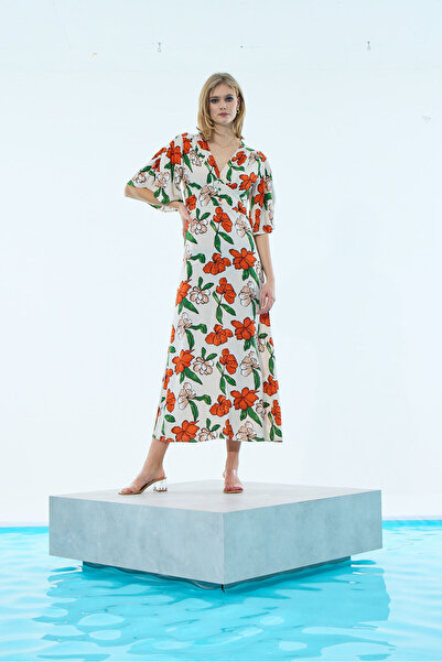 I BIZA Rochie maxi cu imprimeu floral, decolteu în V, cu jumătate de mânecă, ...