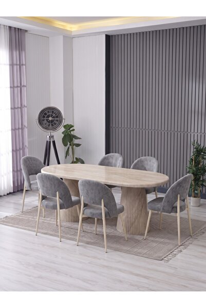 JoyMassa MERİ 90X180 BOHEM MASA - 6 ADET AY SANDALYE / KALVE KUMAŞ-MEBRAN MASA