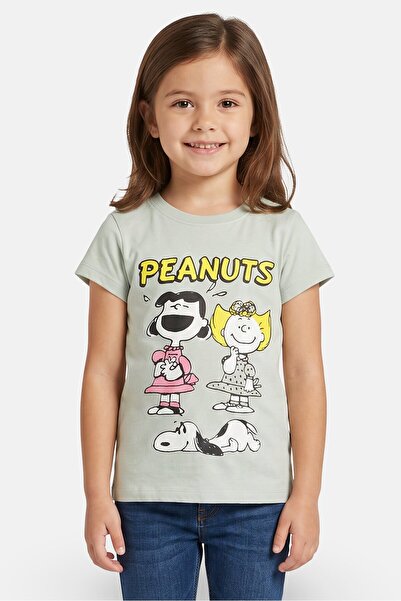 PEANUTS Kids Girl Crew Neck Short Sleeve Print T-Shirt, Sage Green