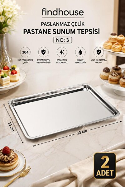 Bulika 2 ADET 304 Paslanmaz Çelik Pastane Sunum Tepsisi No 3 23x33cm Sunum Çe...