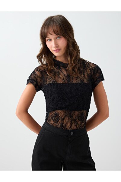Jimmy Key Black Off-Shoulder Round Neck Lace Blouse