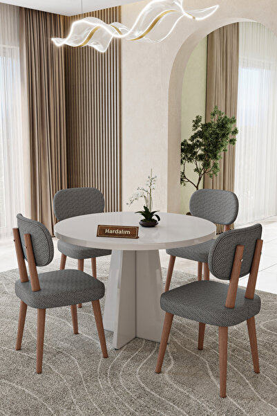 UZMHOME Yuvarlak 90 x 90 4 Sandalyeli Mutfak Masa Takımı Yemek Masası Salon T...