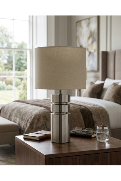 PLUS13 Modern Table Lamp with Cylindrical Metal Base and Soft Fabric Shade